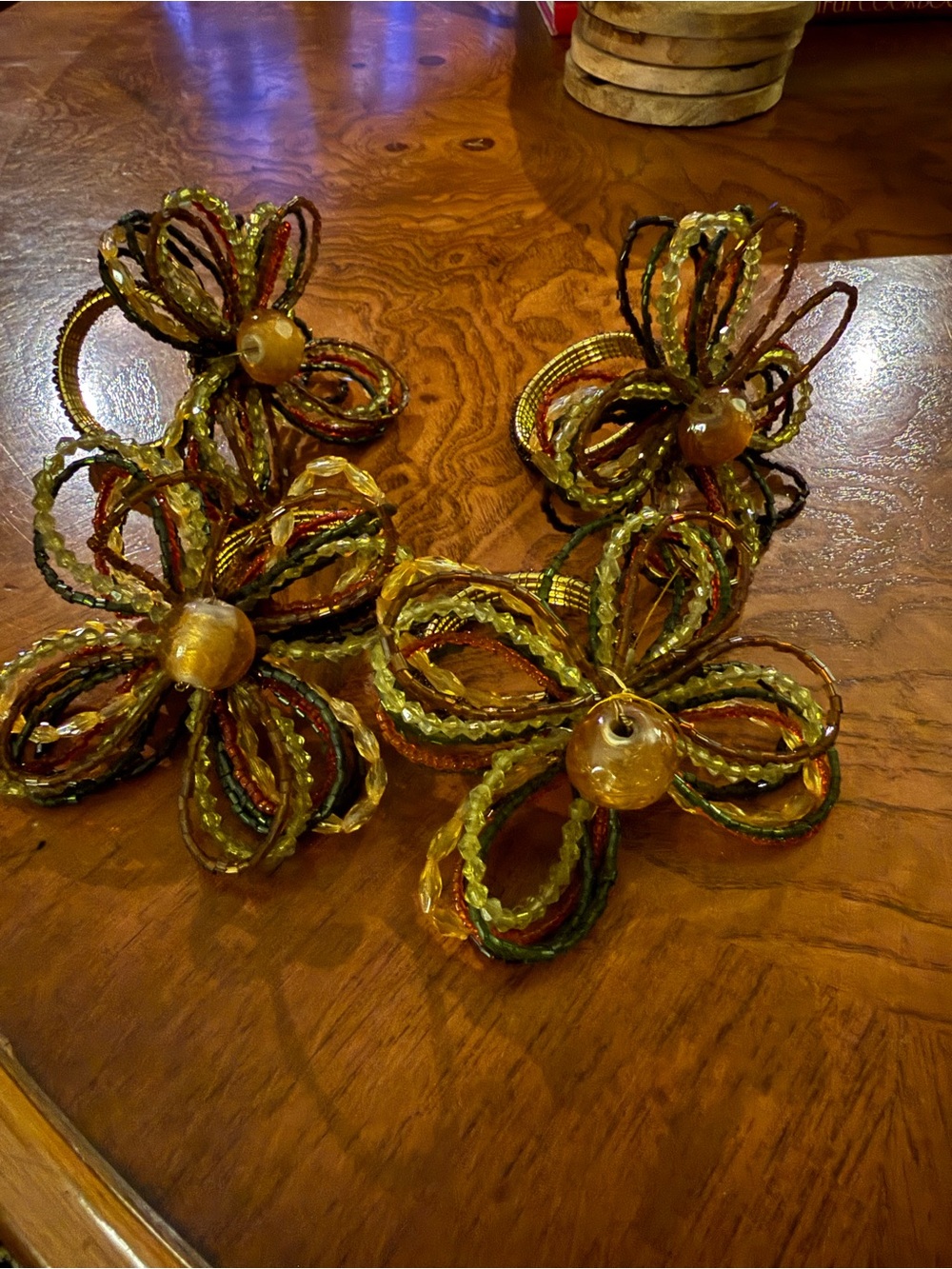 Pier One Set 4 Napkin Rings Beaded Amber Brown Gold  Boho Hand Woven